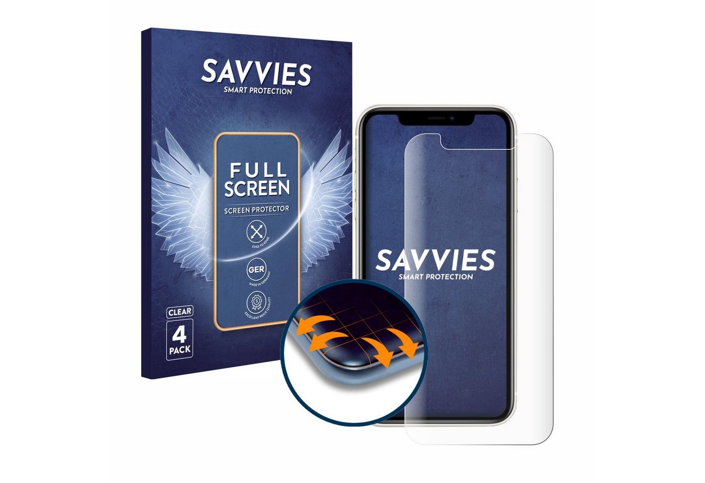 Savvies Full-Cover Schutzfolie für Apple iPhone 11, Displayschutzfolie, 4 Stück, 3D Curved klar von Savvies