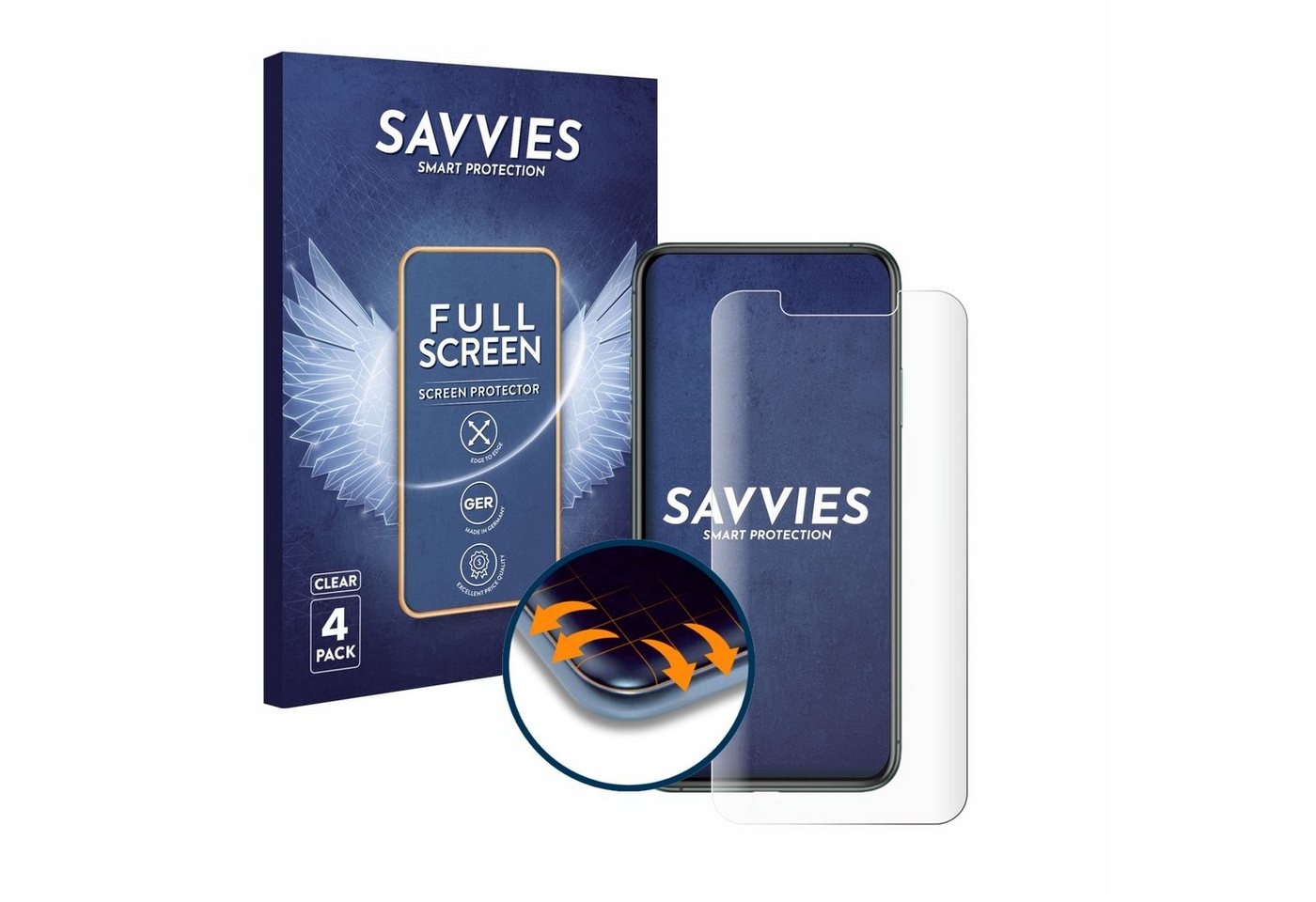 Savvies Full-Cover Schutzfolie für Apple iPhone 11 Pro Max, Displayschutzfolie, 4 Stück, 3D Curved klar von Savvies