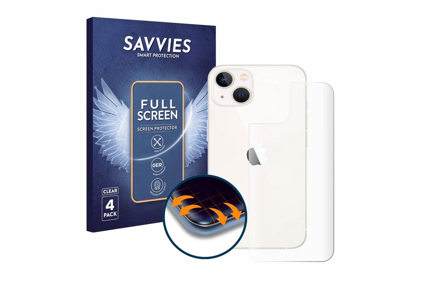 Savvies Full-Cover Schutzfolie für Apple iPhone 13 (Rückseite), Displayschutzfolie, 4 Stück, 3D Curved klar von Savvies
