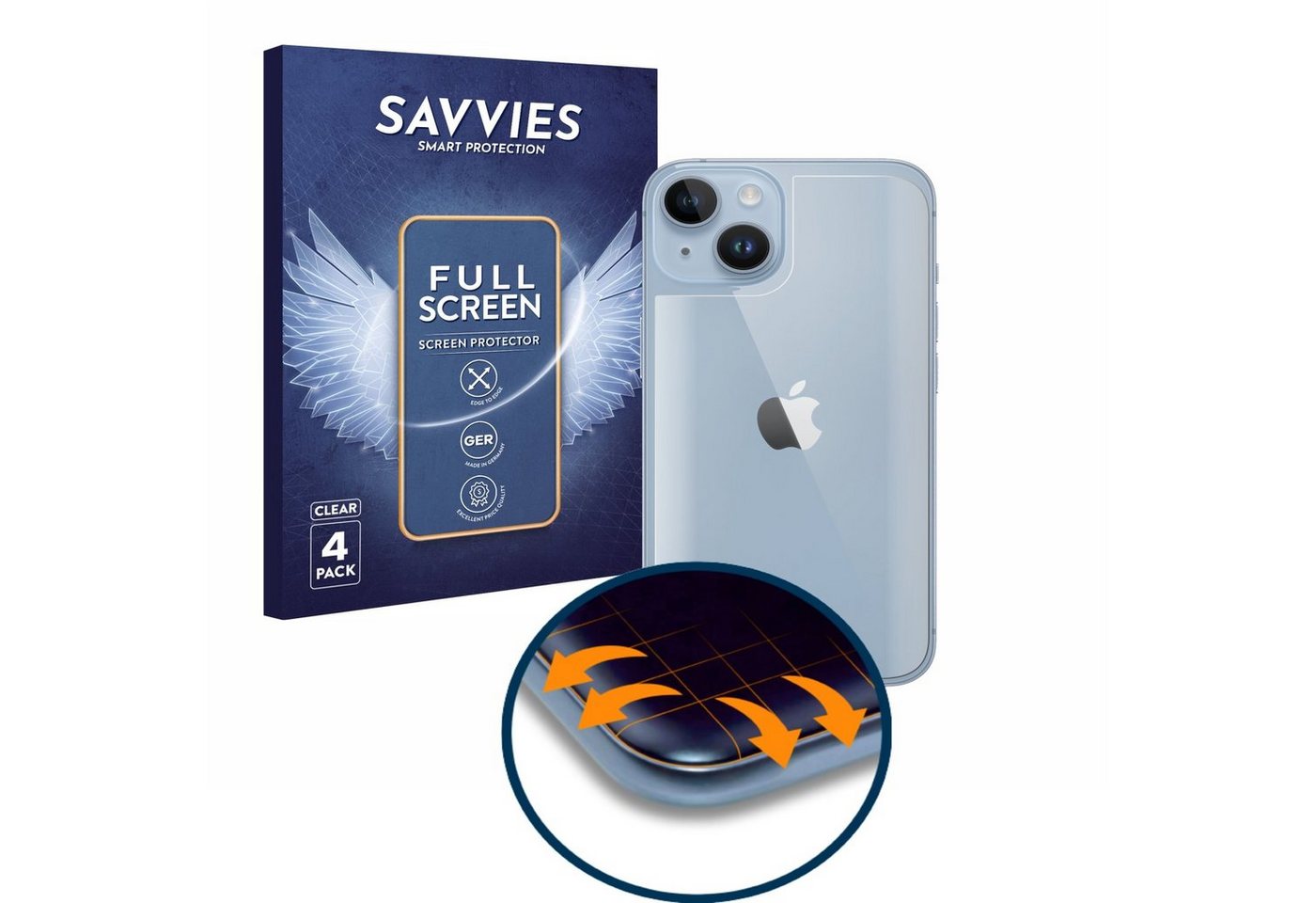Savvies Full-Cover Schutzfolie für Apple iPhone 14 (Rückseite), Displayschutzfolie, 4 Stück, 3D Curved klar von Savvies