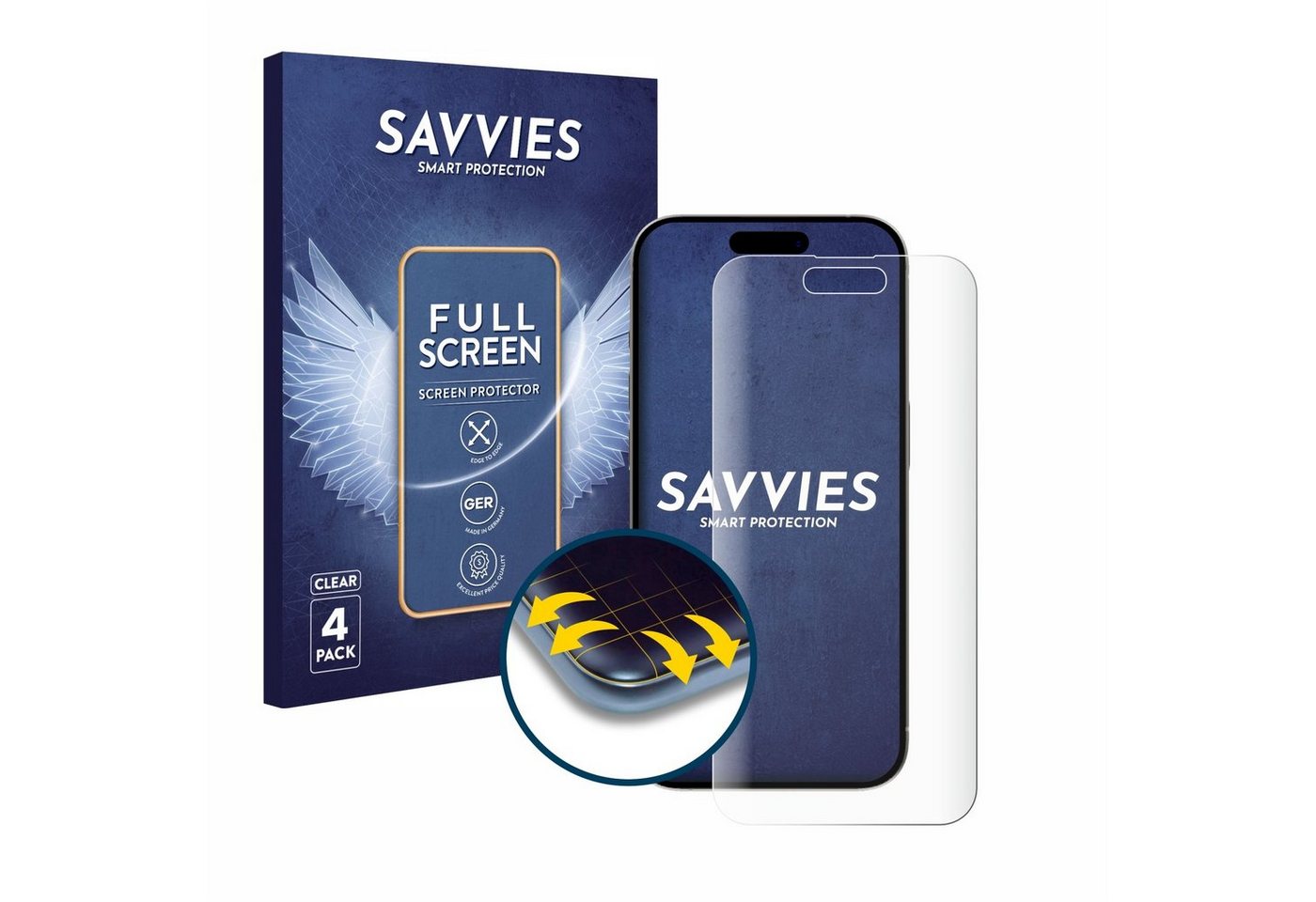 Savvies Full-Cover Schutzfolie für Apple iPhone 15 Pro, Displayschutzfolie, 4 Stück, 3D Curved klar von Savvies