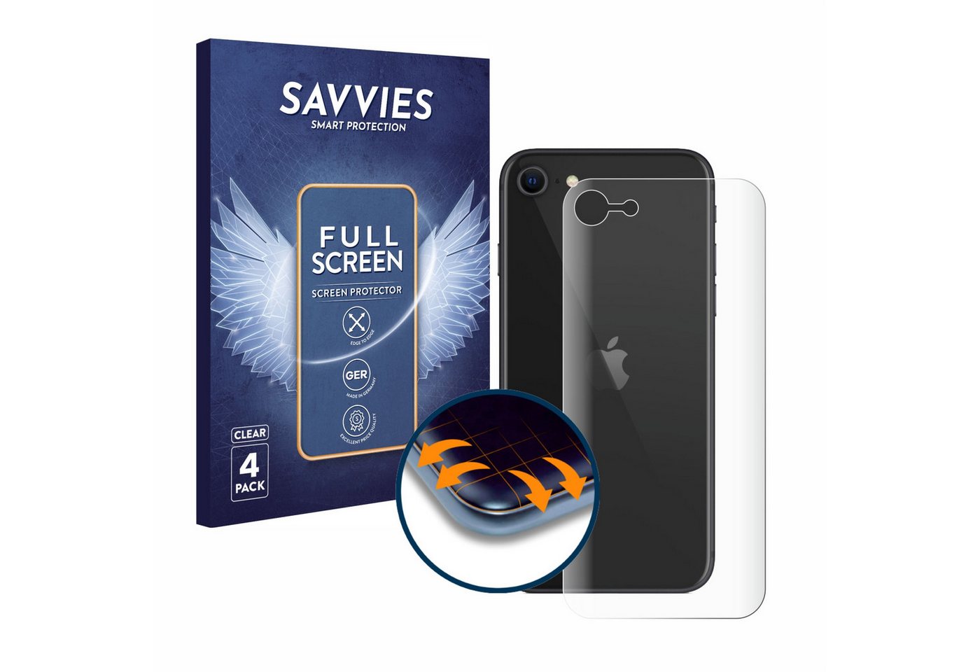 Savvies Displayschutzfolie Fullscreen Schutzfolie für Apple iPhone SE 2 2020 (Rückseite), 4 Stück, Displayschutz Folie Fullcover Klar Transparent von Savvies