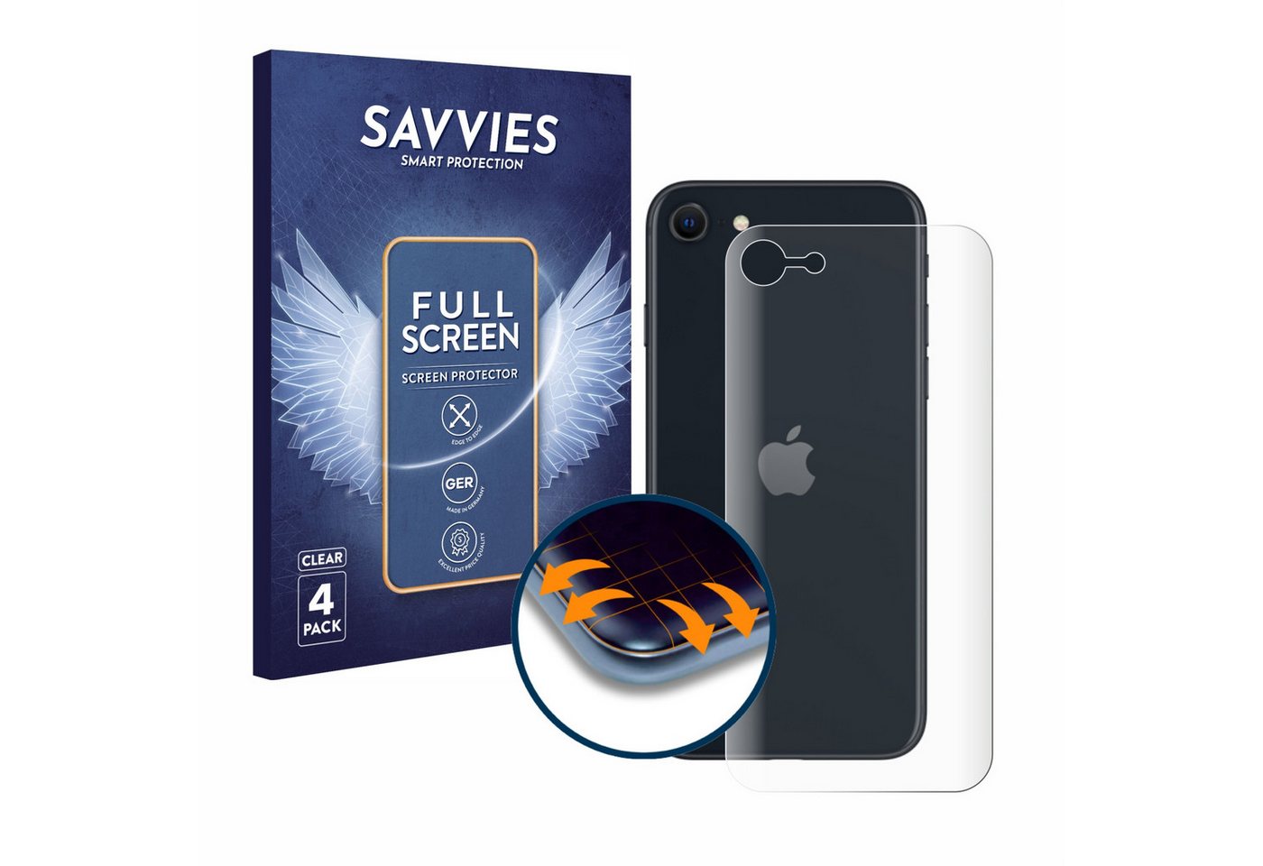 Savvies Full-Cover Schutzfolie für Apple iPhone SE 3 2022 (Rückseite), Displayschutzfolie, 4 Stück, 3D Curved klar von Savvies