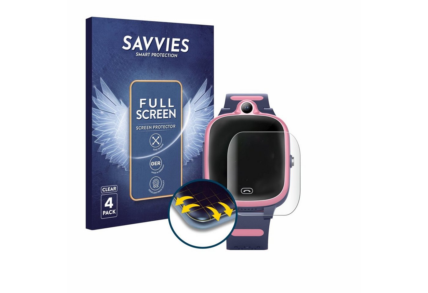 Savvies Full-Cover Schutzfolie für Fitonme 4G Smartwatch S.B-1034, Displayschutzfolie, 4 Stück, 3D Curved klar von Savvies