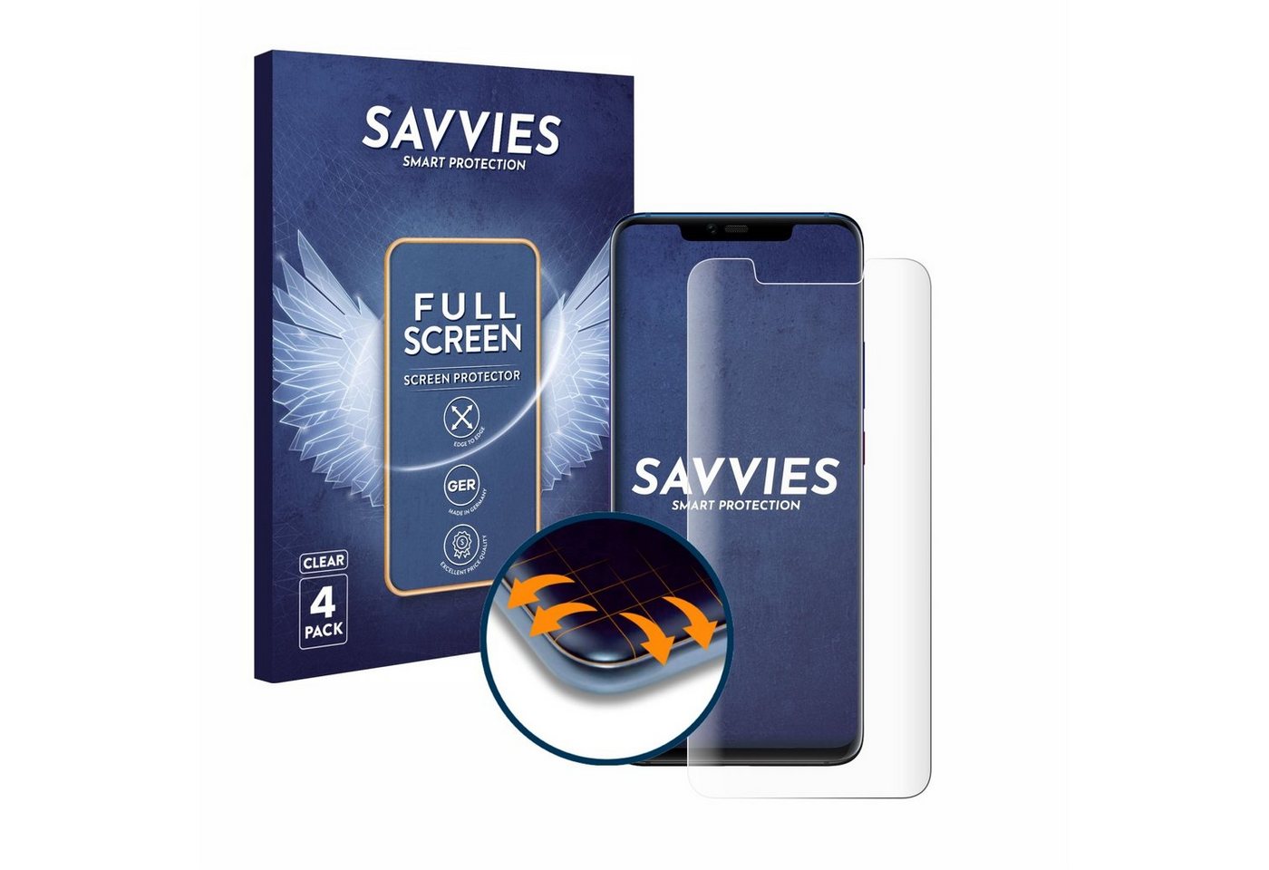 Savvies Full-Cover Schutzfolie für Huawei Mate 20 Pro, Displayschutzfolie, 4 Stück, 3D Curved klar von Savvies