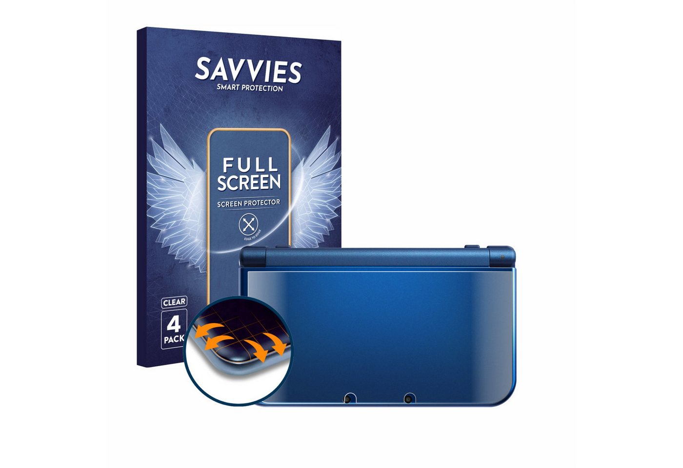 Savvies Full-Cover Schutzfolie für Nintendo New 3DS XL (Gehäuse), Displayschutzfolie, 4 Stück, 3D Curved klar von Savvies