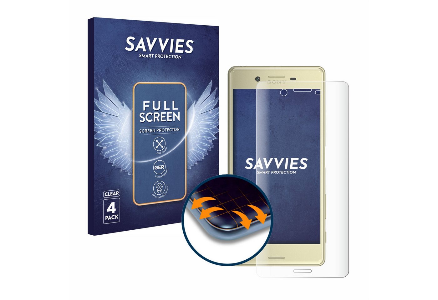 Savvies Full-Cover Schutzfolie für Sony Xperia X, Displayschutzfolie, 4 Stück, 3D Curved klar von Savvies