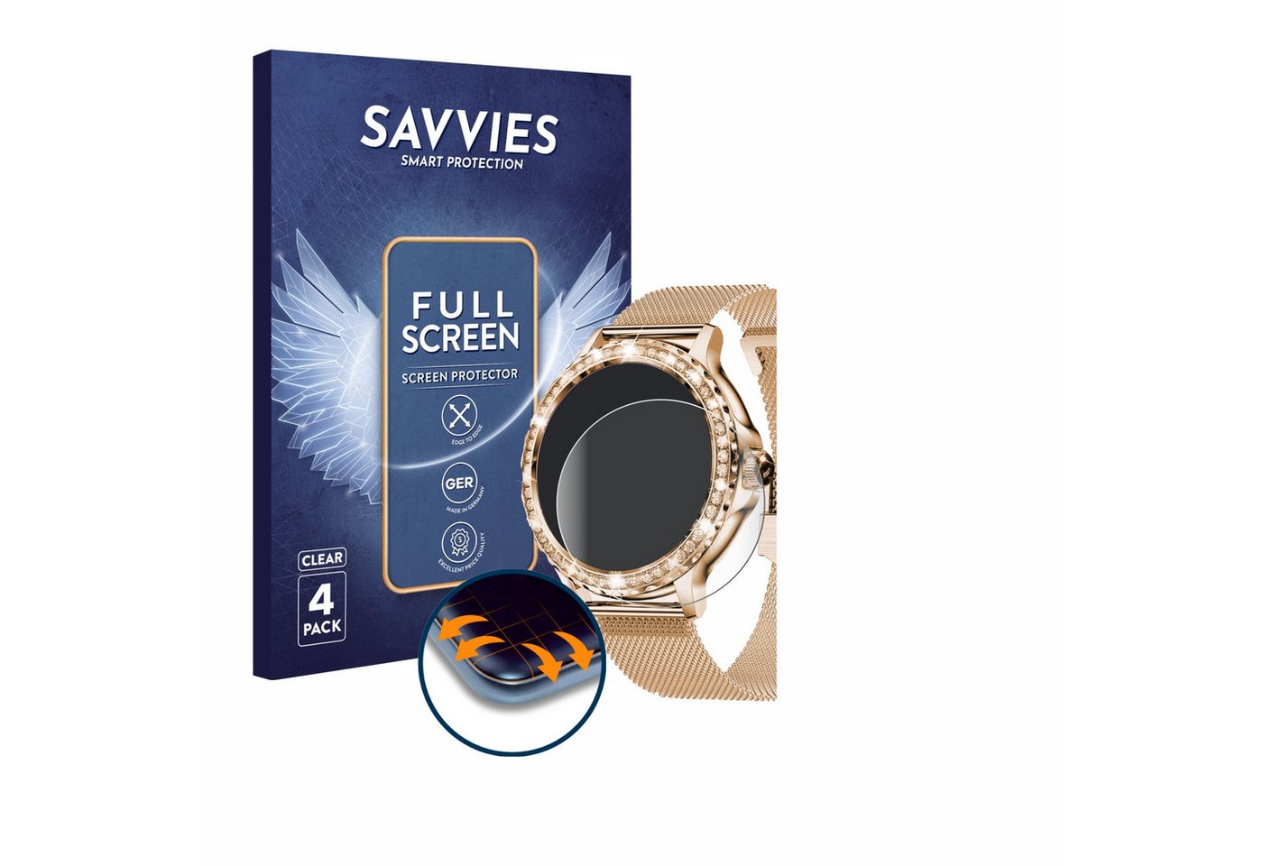 Savvies Full-Cover Schutzfolie für walkbee Smartwatch 1.3 (rund), Displayschutzfolie, 4 Stück, 3D Curved klar" von Savvies