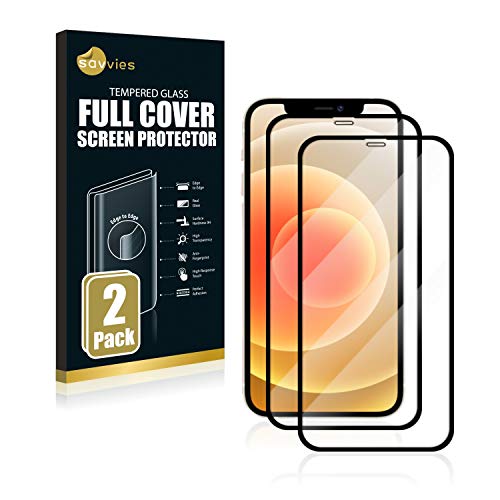 Savvies Full-Cover Schutzglas kompatibel mit Apple iPhone 12 (2 Stück) Full Screen Echtglas Panzerglasfolie, 9H Härte, Schwarz von Savvies
