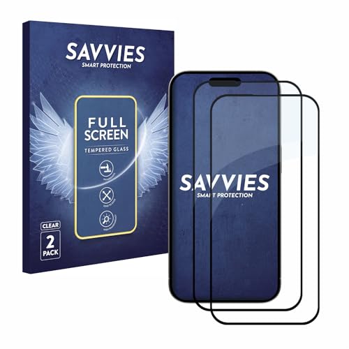Savvies Full-Cover Schutzglas kompatibel mit Apple iPhone 15 Pro (2 Stück) Full Screen Echtglas, 9H Härte, Schwarz von Savvies