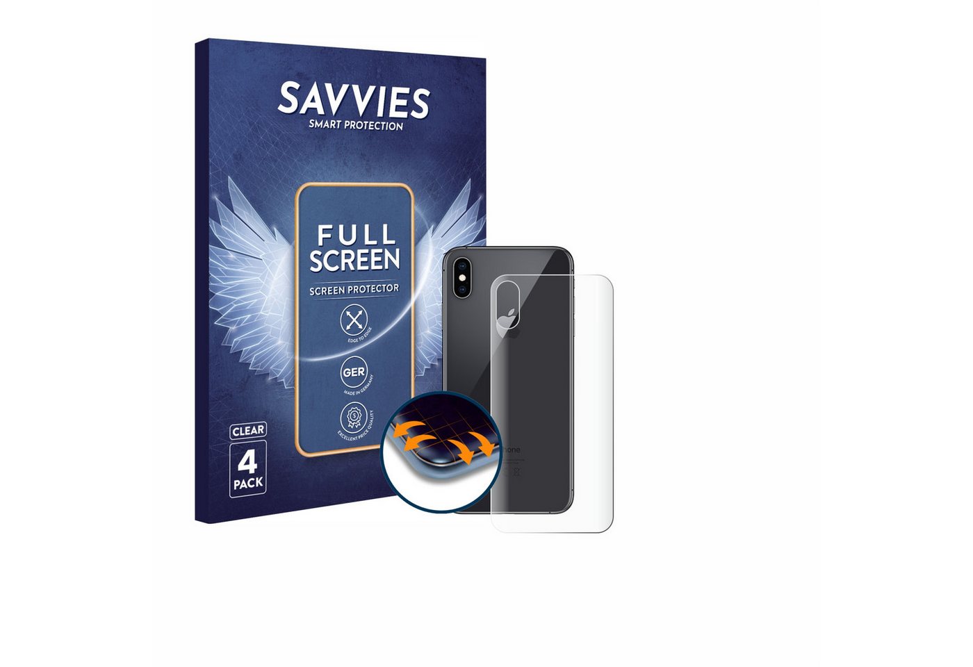 Savvies Displayschutzfolie Fullscreen Schutzfolie für Apple iPhone Xs (Rückseite), 4 Stück, Displayschutz Folie Fullcover Klar Transparent von Savvies