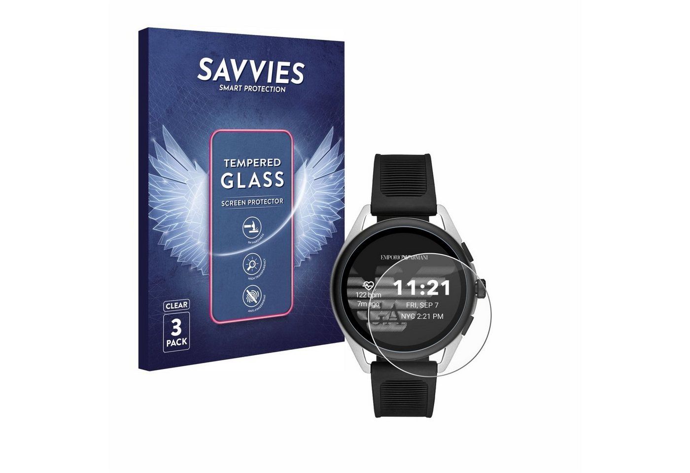 Savvies Panzerglas für Emporio Armani Connected Smartwatch 3, Displayschutzglas, 3 Stück, Schutzglas Echtglas 9H Härte klar Anti-Fingerprint von Savvies
