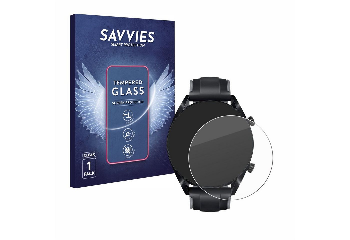 Savvies Panzerglas für Huawei Watch GT 2 (46 mm), Displayschutzglas, Schutzglas Echtglas 9H Härte klar Anti-Fingerprint von Savvies