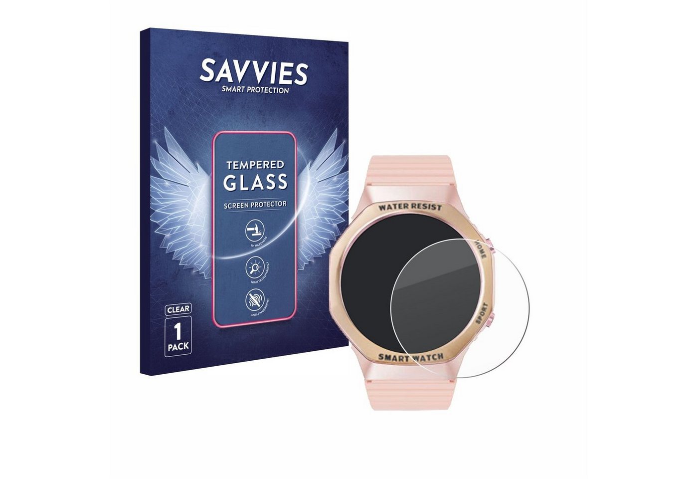 Savvies Panzerglas für Mutoy Smartwatch 1.32 (rund), Displayschutzglas, Schutzglas Echtglas 9H Härte klar Anti-Fingerprint" von Savvies