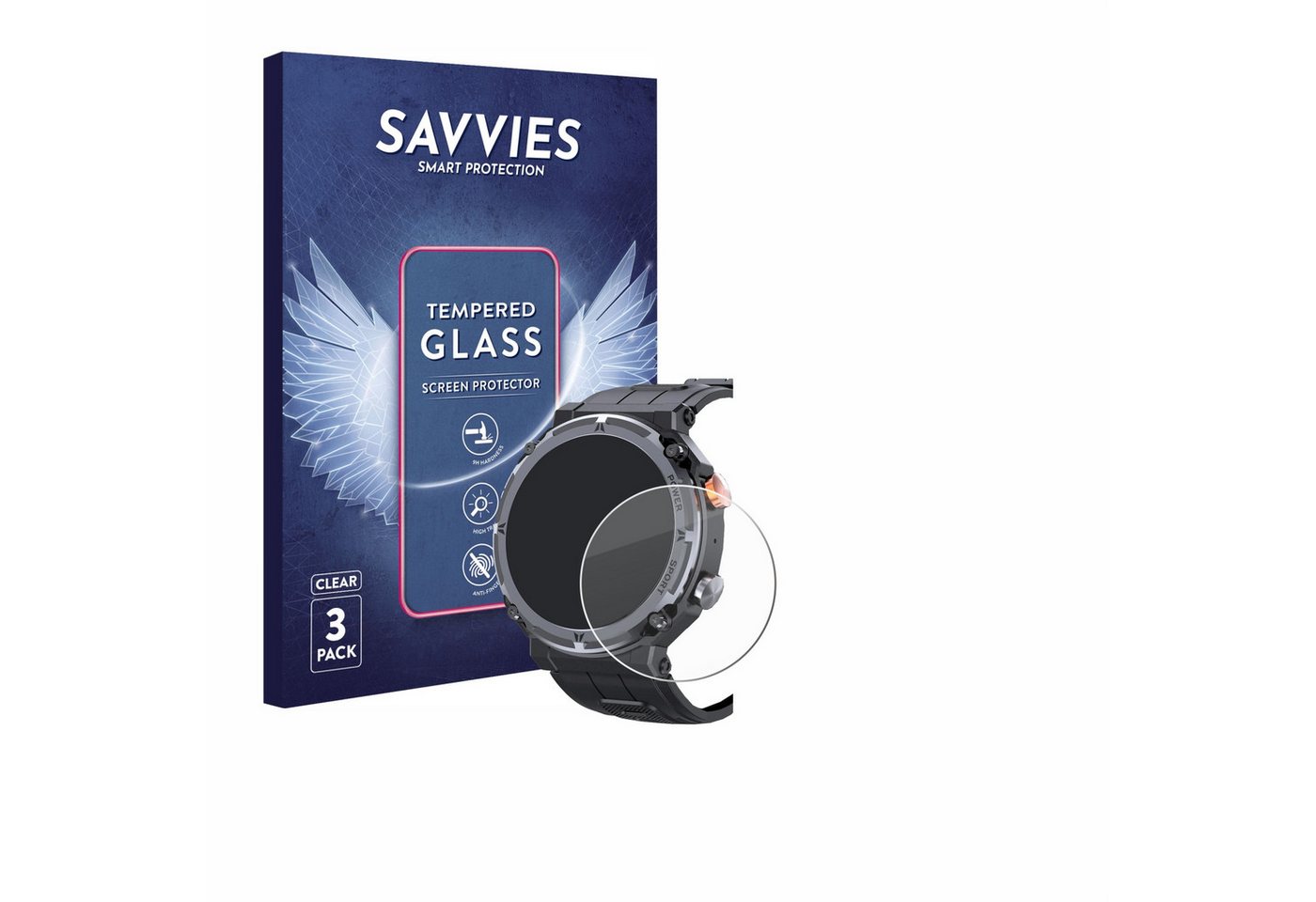 Savvies Panzerglas für bedee Smartwatch 1.39, Displayschutzglas, 3 Stück, Schutzglas Echtglas 9H Härte klar Anti-Fingerprint" von Savvies