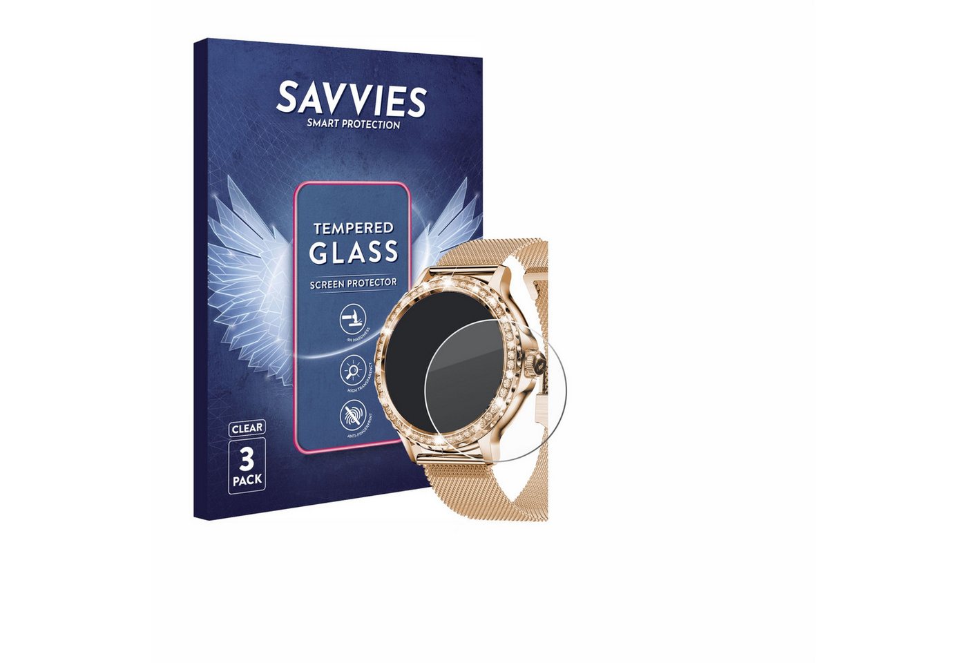 Savvies Panzerglas für walkbee Smartwatch 1.3 (rund), Displayschutzglas, 3 Stück, Schutzglas Echtglas 9H Härte klar Anti-Fingerprint" von Savvies