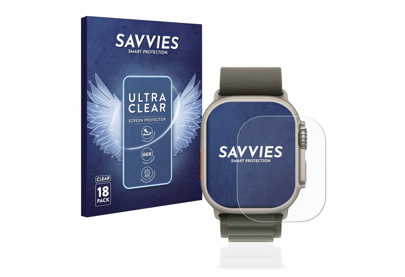 Savvies Schutzfolie für Apple Watch Ultra (49 mm), Displayschutzfolie, 18 Stück, Folie klar von Savvies