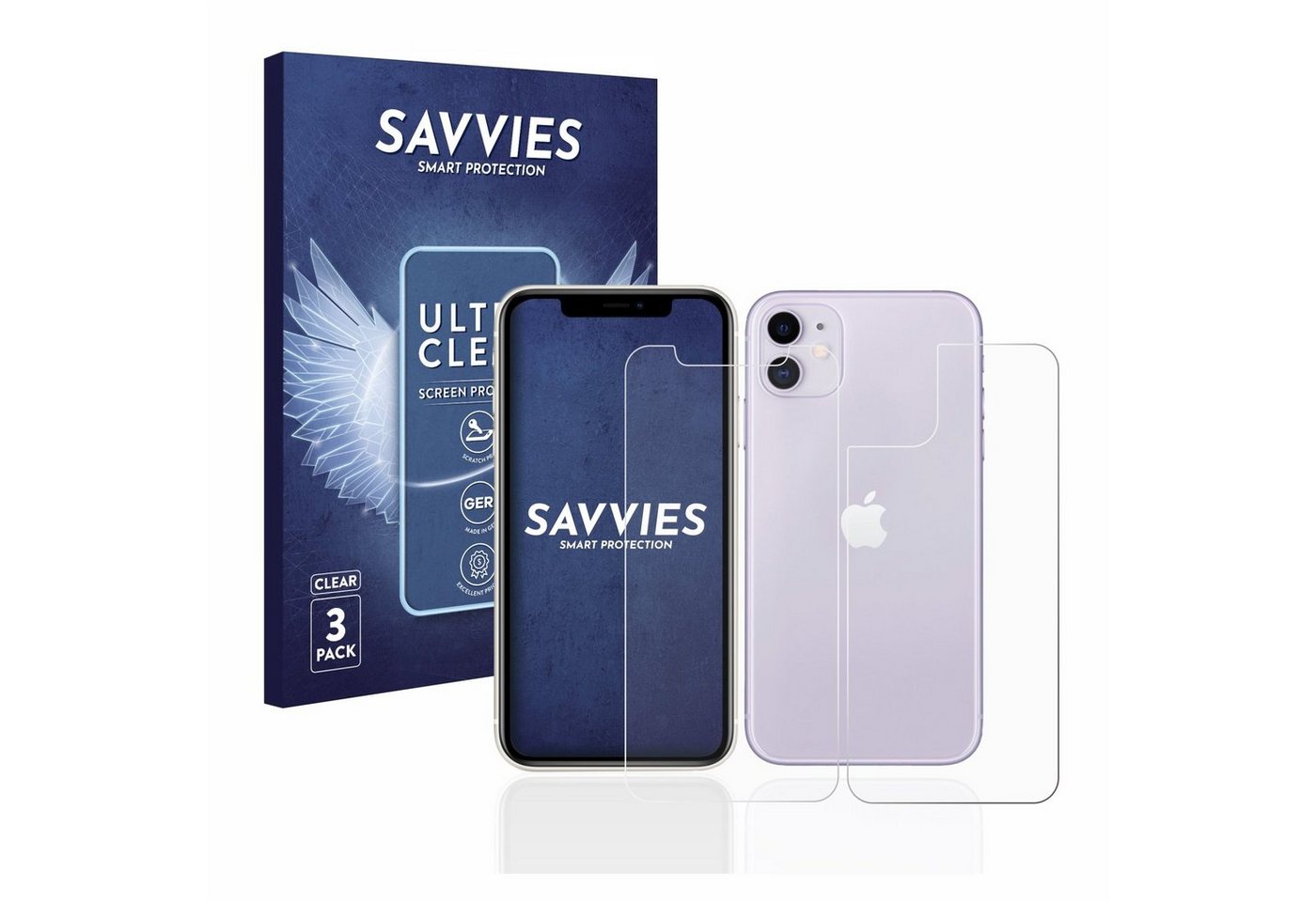 Savvies Schutzfolie für Apple iPhone 11 (Display+Rückseite), Displayschutzfolie, 6 Stück, Folie klar von Savvies