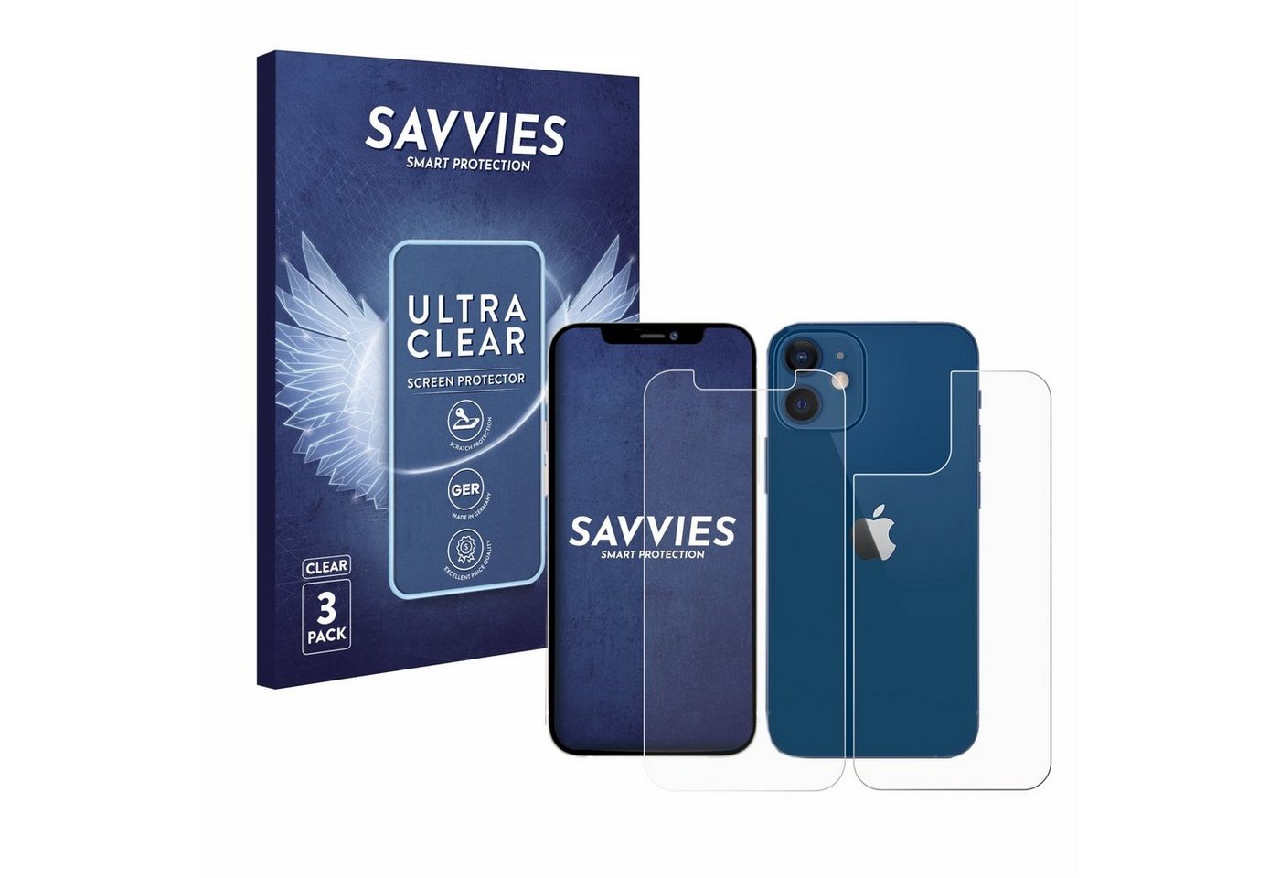 Savvies Displayschutzfolie Schutzfolie für Apple iPhone 12 (Display+Rückseite), 6 Stück, Displayschutz Schutz Folie Klar Transparent von Savvies