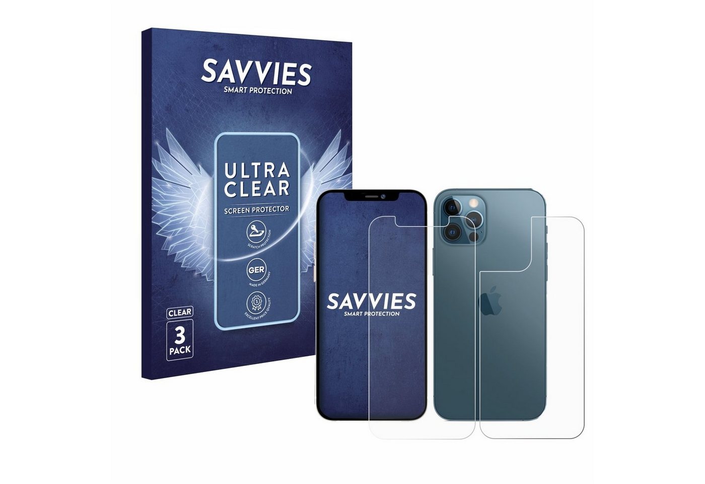 Savvies Schutzfolie für Apple iPhone 12 Pro (Display+Rückseite), Displayschutzfolie, 6 Stück, Folie klar von Savvies