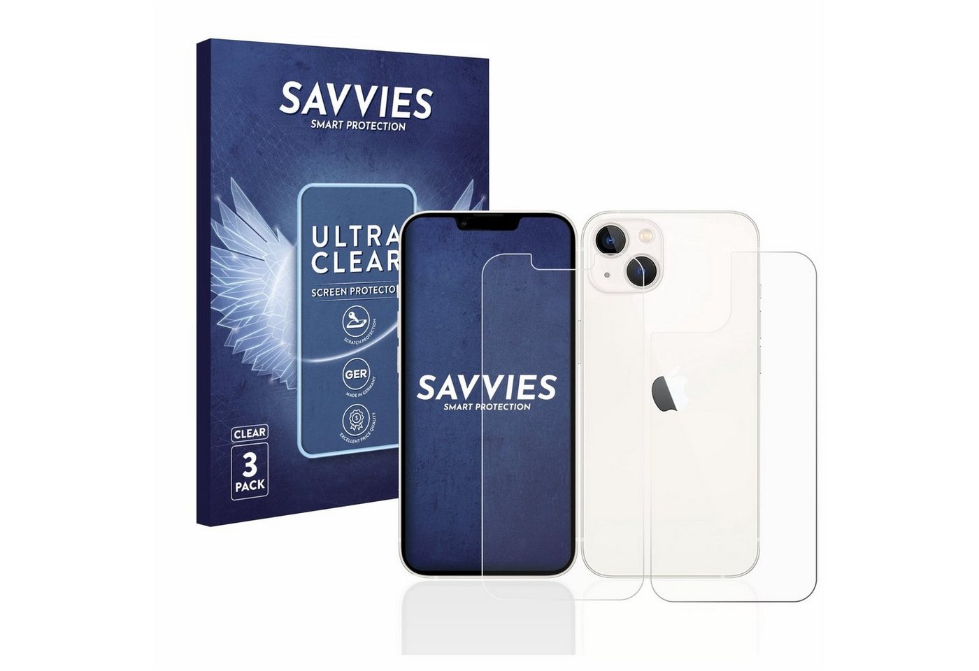 Savvies Schutzfolie für Apple iPhone 13 (Display+Rückseite), Displayschutzfolie, 6 Stück, Folie klar von Savvies
