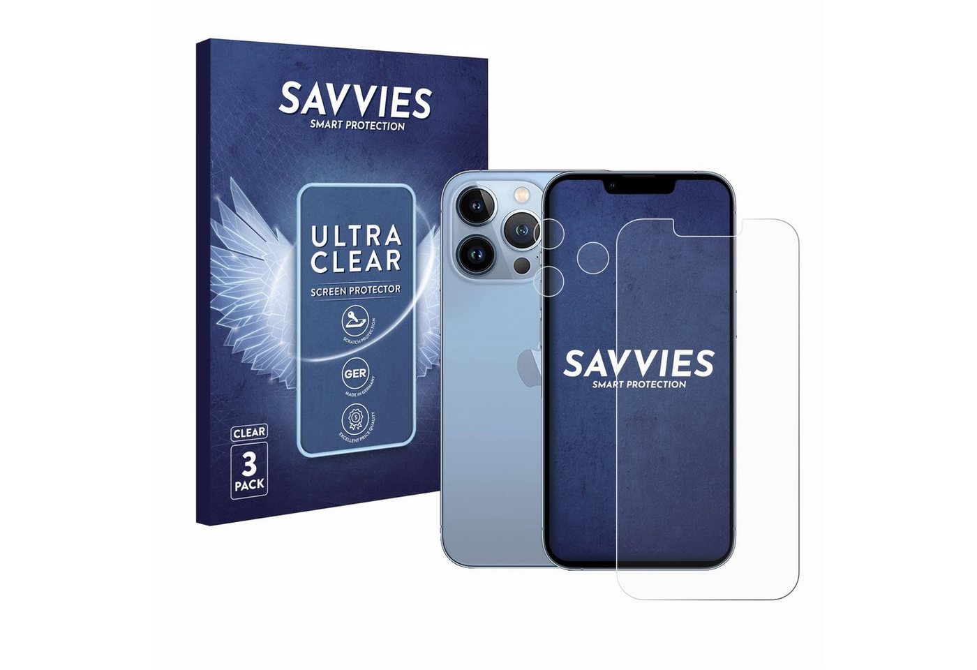 Savvies Schutzfolie für Apple iPhone 13 Pro (Display+Kamera), Displayschutzfolie, 6 Stück, Folie klar von Savvies