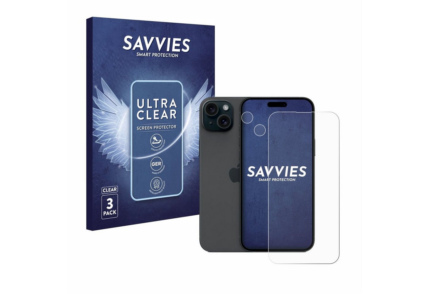 Savvies Schutzfolie für Apple iPhone 15 Plus (Display+Kamera), Displayschutzfolie, 6 Stück, Folie klar von Savvies