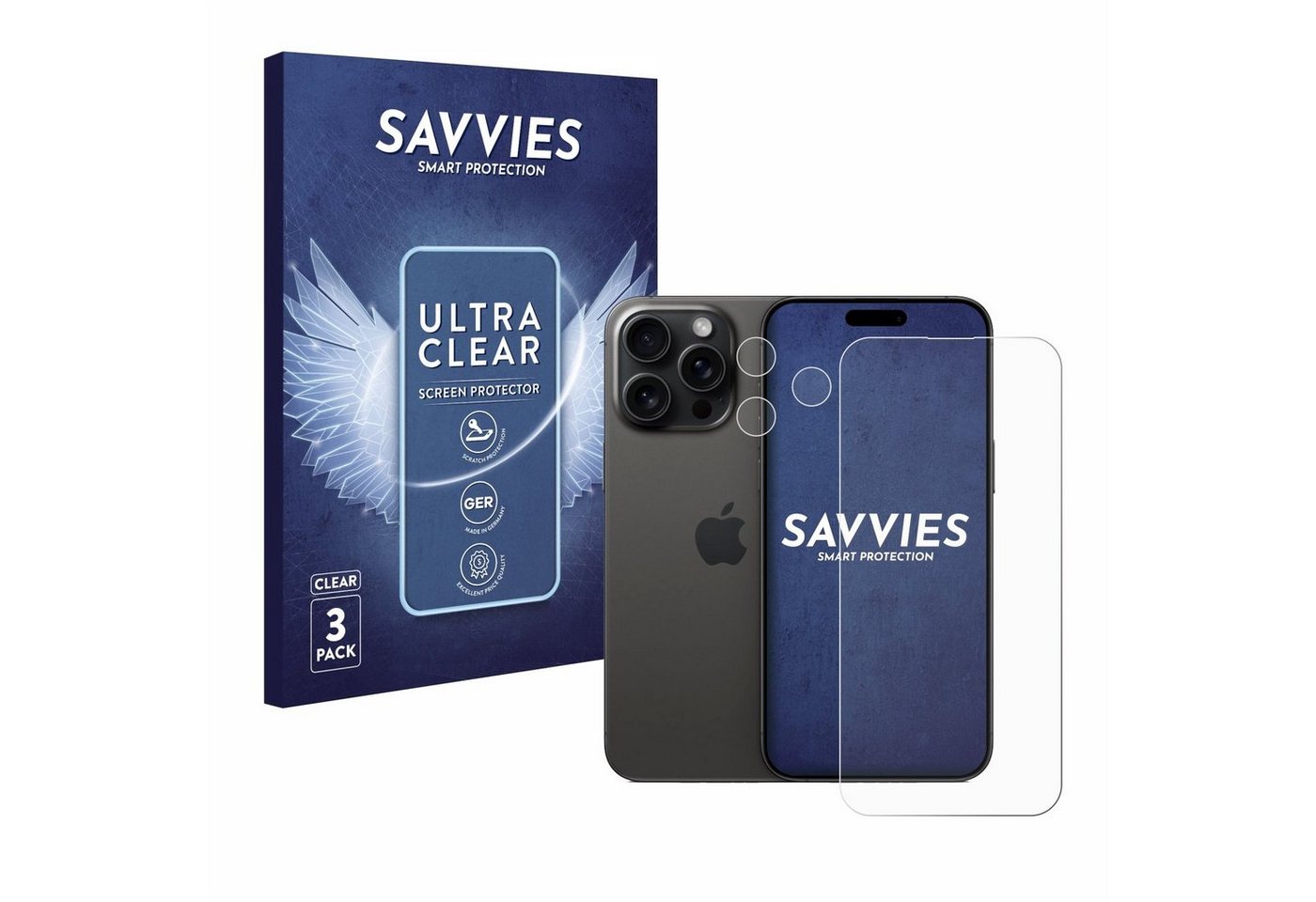 Savvies Displayschutzfolie Schutzfolie für Apple iPhone 15 Pro Max (Display+Kamera), 6 Stück, Displayschutz Schutz Folie Klar Transparent von Savvies