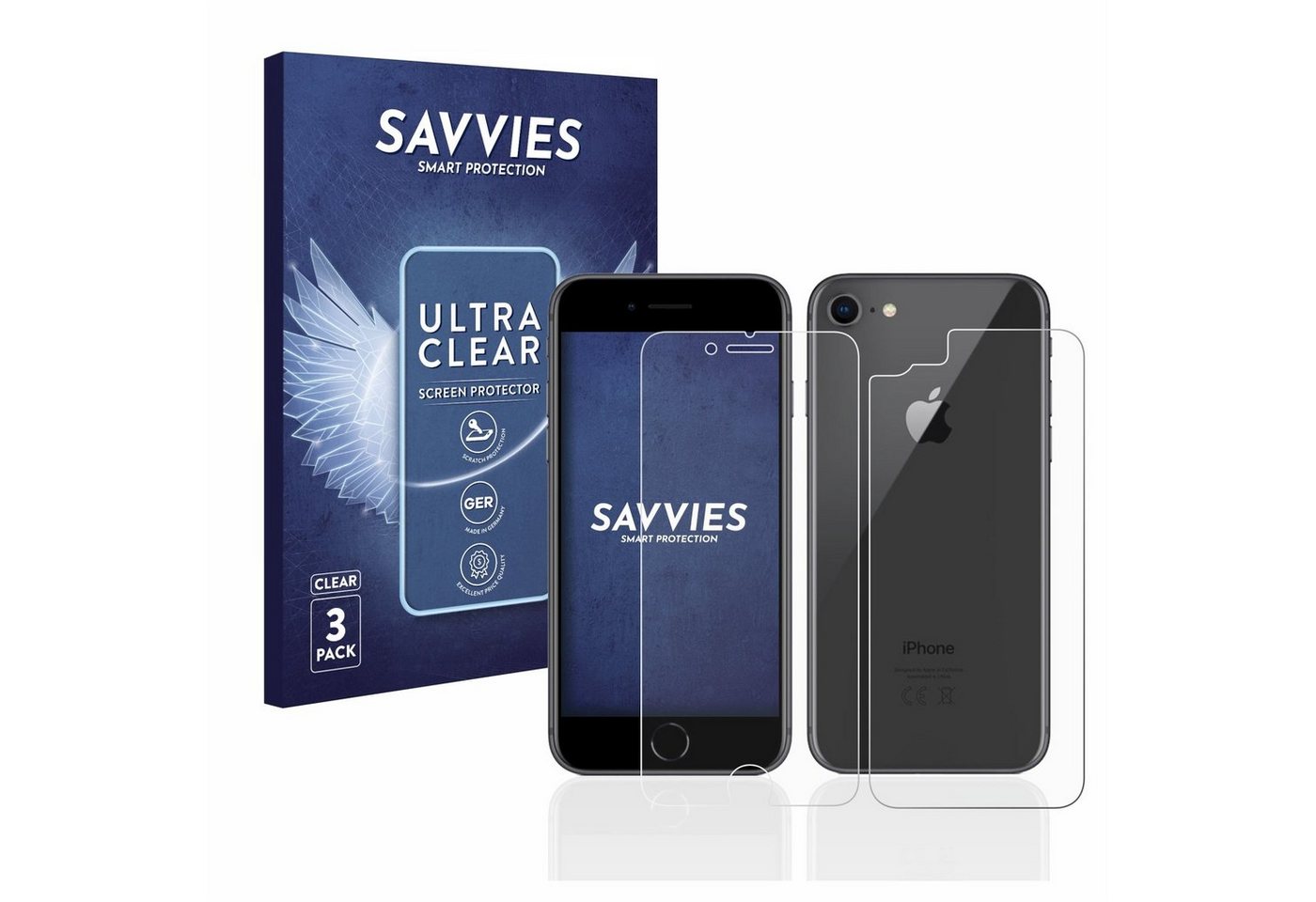 Savvies Schutzfolie für Apple iPhone 8 (Display+Rückseite), Displayschutzfolie, 6 Stück, Folie klar von Savvies