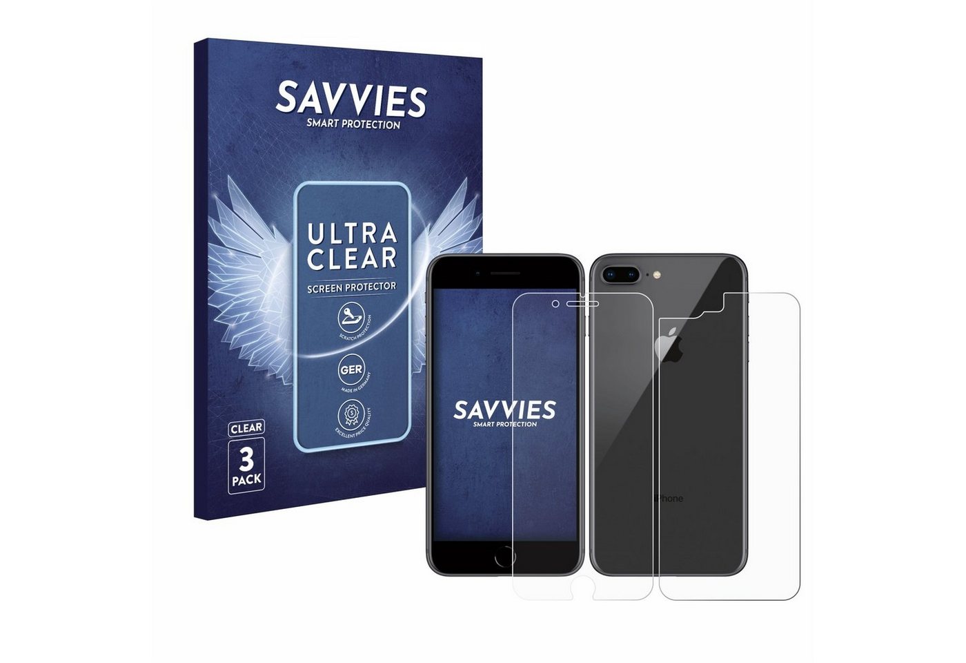 Savvies Schutzfolie für Apple iPhone 8 Plus (Display+Rückseite), Displayschutzfolie, 6 Stück, Folie klar von Savvies