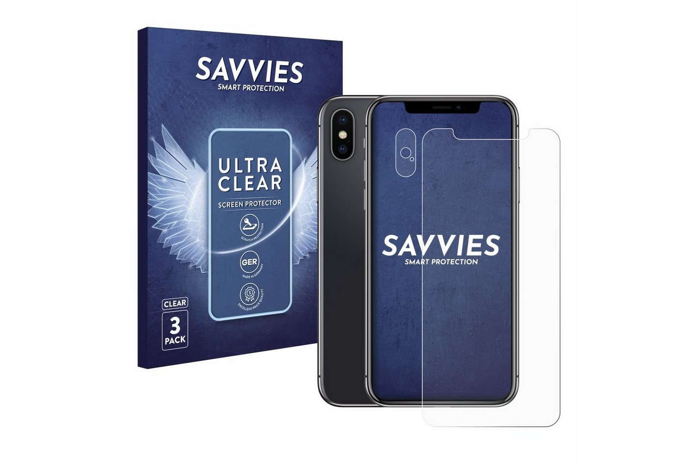 Savvies Schutzfolie für Apple iPhone X (Display+Kamera), Displayschutzfolie, 6 Stück, Folie klar von Savvies