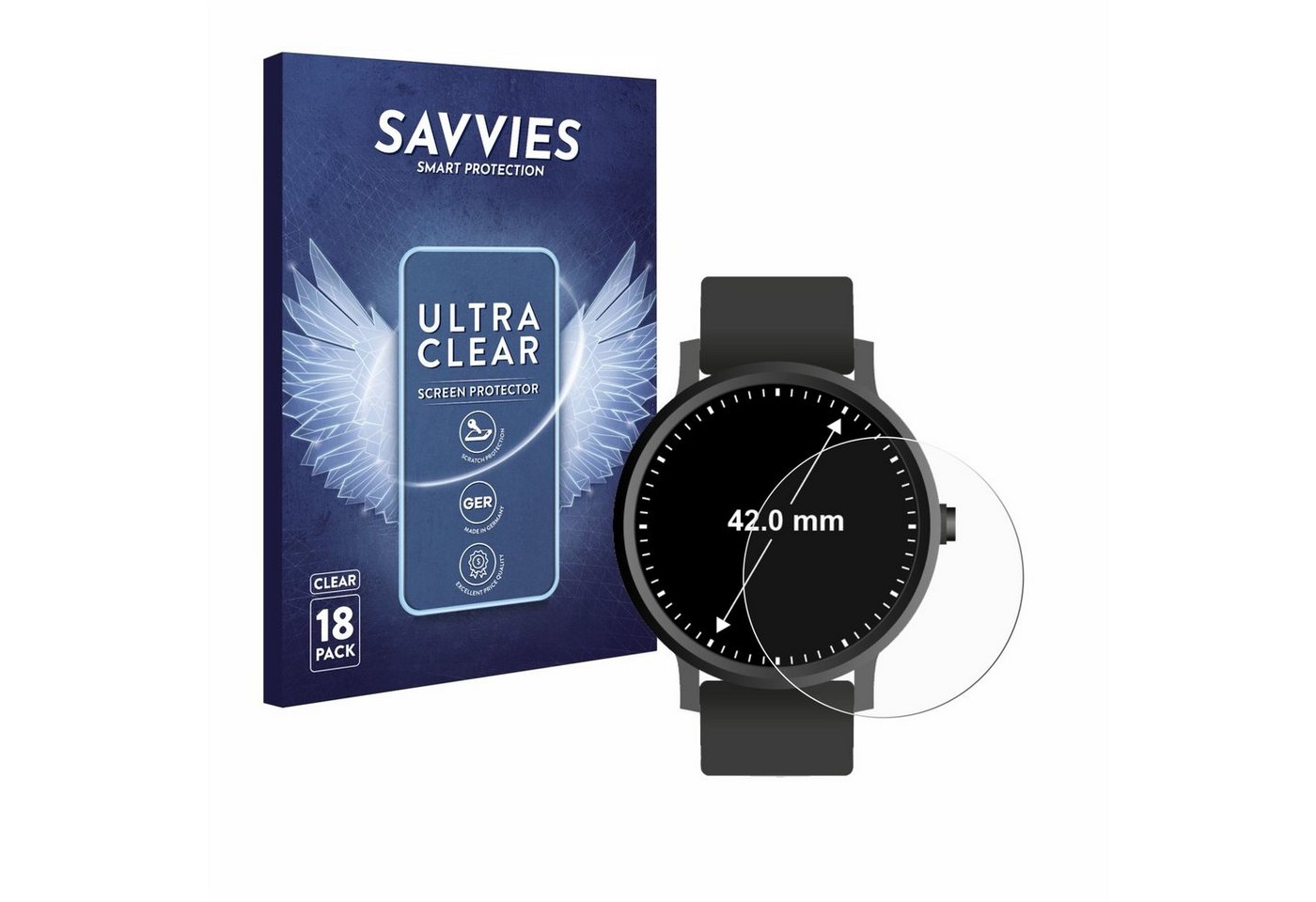 Savvies Schutzfolie für Armbanduhren (Kreisrund, ø: 42 mm), Displayschutzfolie, 18 Stück, Folie klar von Savvies