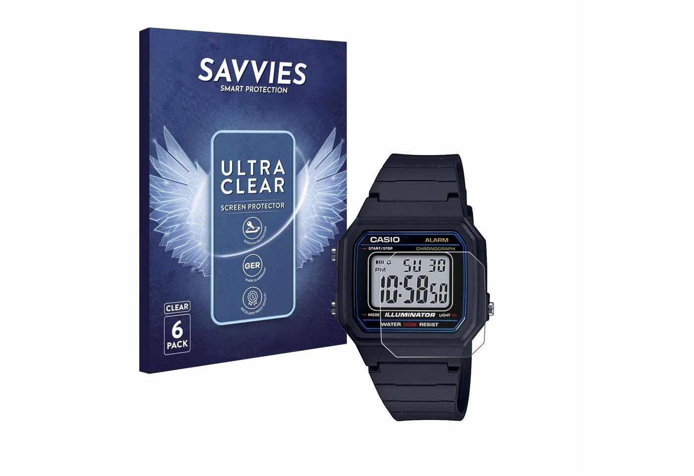 Savvies Schutzfolie für Casio Unisex W-800H-1BVES, Displayschutzfolie, 6 Stück, Folie klar von Savvies