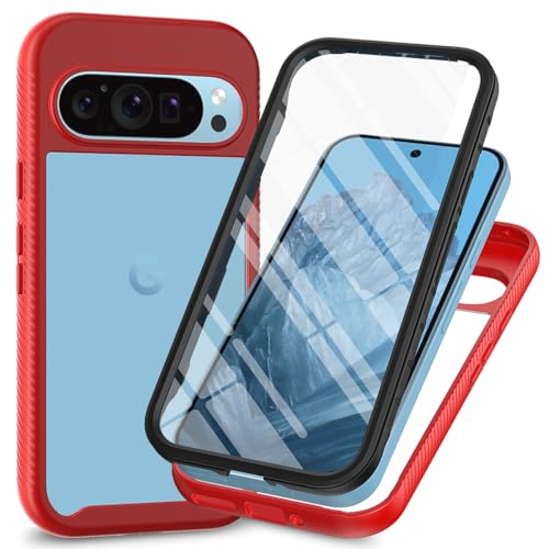Sawiqpd Schutzhülle für Google Pixel 9 Pro XL 5G, mit integriertem Displayschutz, 360-Grad-Rundumschutz, strapazierfähig, kratzfest, stoßfest, transparent, für Pixel 9 Pro XL 17,3 cm (6,8 Zoll), Rot von Sawiqpd