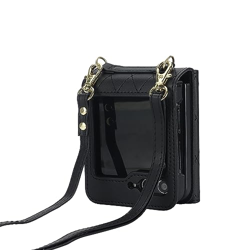 Sawiqpd Schutzhülle für Samsung Galaxy Z Flip 6, schlankes Premium-Leder, zum Umhängen mit verstellbarem Umhängeband, stoßfest, niedliche Schutzhülle für Samsung Galaxy Z Flip6 5G, Schwarz von Sawiqpd