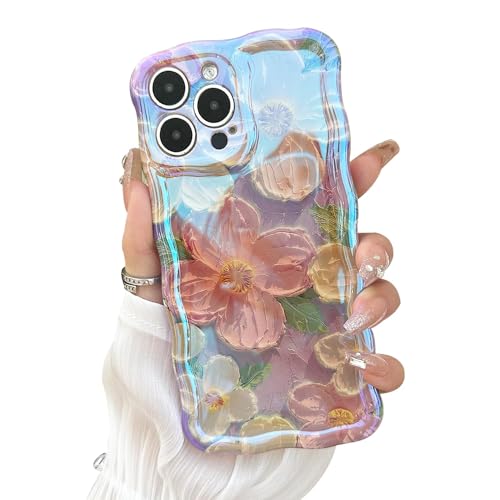 Sayoaho Entworfen für iPhone 14 Plus/15 Plus, niedliche lockige Wellenrahmenform, buntes Retro-Ölgemälde, Blume, Laserstrahl, glänzendes Muster, kompatibel mit iPhone-Hülle (iPhone 14/15Plus, Rosa) von Sayoaho