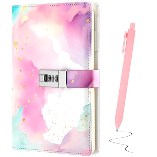 Saypacck Lock Diary with Pen A5 Leather Password Journal Pink Locked Notebook for Women Birthday Party Favors (Watercolor) von Saypacck