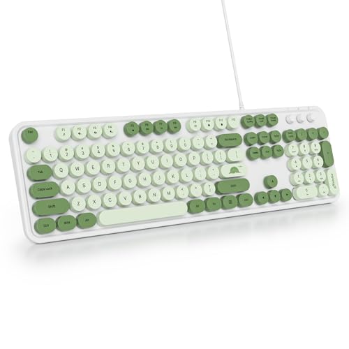 SbocKeeb Cute Tastatur Fullsize mit Runde Tasten，Retro Membran Schreibmaschine Tastatur Amerikanisch QWERTY, 104 Tasten Office USB Kabelgebundene in Voller Größe für Computer Desktop GT108 Matcha von SbocKeeb
