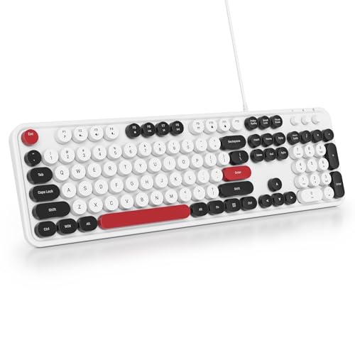 SbocKeeb Cute Tastatur Fullsize mit Runde Tasten，Retro Membran Schreibmaschine Tastatur Amerikanisch QWERTY, 104 Tasten Office USB Kabelgebundene in Voller Größe für Computer Desktop GT108 White von SbocKeeb