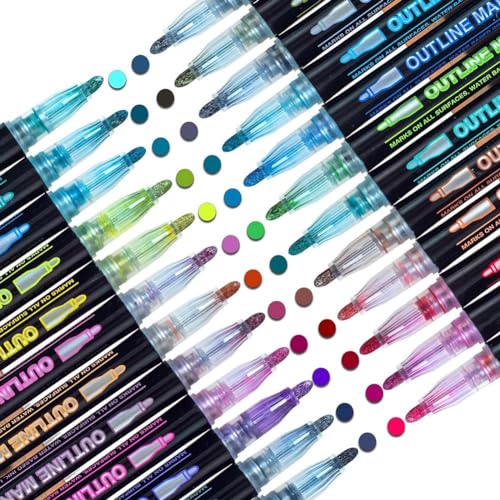 Scalewbin Schimmermarker Doodle Outline Dazzles: 24 Farben Metallic Double Line Glitter Pens Set Super Squiggles Sparkle Dazzlers Einfach zu Verwenden Mehrfarbig von Scalewbin