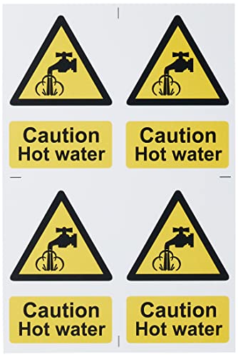 Scan 1309 englisches Warnschild mit Aufschrift „Caution Hot Water", selbstklebend, PVC, 200 x 300 mm, 4 pro Blatt, Weiß von Scan