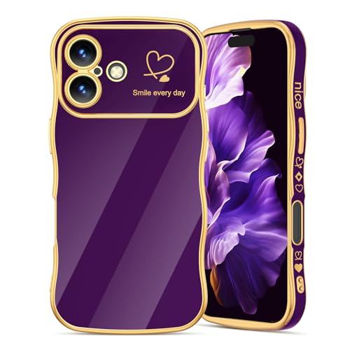 ScandiCasis Handyhülle für iPhone 16, Wellen Herz Muster Hülle Silikon Stoßfest Schutzhülle Kameraschutz Protective Phone Case für Mädchen Frauen, Dunkellila von ScandiCasis