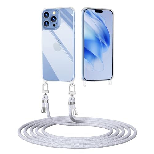 ScandiCasis Handyhülle mit Band für iPhone 16 Pro Max, Transparent Handyhülle mit Band Stoßfest Schutzhülle Necklace Phone Case, Silber von ScandiCasis