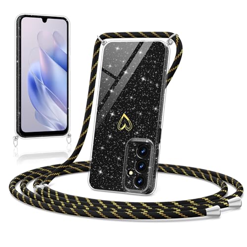 ScandiCasis Handykette Hülle für Samsung Galaxy A14/M44, Glitter Herz Muster Soft TPU Silikon Handyhülle mit Band Stoßfest Lanyard Schutzhülle Protective Phone Case für Mädchen Frauen, Schwarz ScandiCasis Handykette Hülle für Samsung Galaxy A14/M44, Glitter Herz Muster Soft TPU Silikon Handyhülle mit Band Stoßfest Lanyard Schutzhülle Protective Phone Case für Mädchen Frauen, Schwarz von ScandiCasis