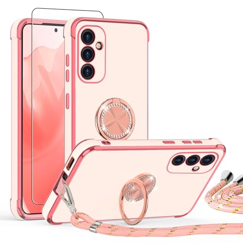 ScandiCasis Handykette Hülle für Samsung Galaxy A34 mit Band und Schutzfolie, Stoßfeste, Love Design Galvanik Silikon Case Bumper mit Kordel und Ring Ständer für Samsung Galaxy A34,Rosa von ScandiCasis