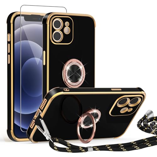 ScandiCasis Handykette Hülle für iPhone 12 Mini mit Band und Schutzfolie, Stoßfeste, Love Design Galvanik Silikon Case Bumper mit Kordel und Ring Ständer für iPhone 12 Mini,Schwarz ScandiCasis Handykette Hülle für iPhone 12 Mini mit Band und Schutzfolie, Stoßfeste, Love Design Galvanik Silikon Case Bumper mit Kordel und Ring Ständer für iPhone 12 Mini,Schwarz von ScandiCasis