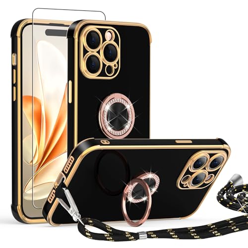 ScandiCasis Handykette Hülle für iPhone 15 Pro Max mit Band und Schutzfolie, Stoßfeste, Love Design Galvanik Silikon Case Bumper mit Kordel und Ring Ständer für iPhone 15 Pro Max,Schwarz von ScandiCasis