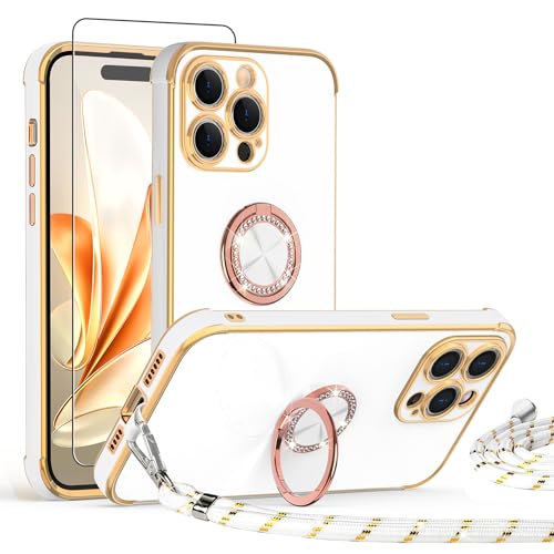 ScandiCasis Handykette Hülle für iPhone 15 Pro Max mit Band und Schutzfolie, Stoßfeste, Love Design Galvanik Silikon Case Bumper mit Kordel und Ring Ständer für iPhone 15 Pro Max,Weiß von ScandiCasis