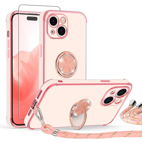 ScandiCasis Handykette Hülle für iPhone 15 mit Band und Schutzfolie, Stoßfeste, Love Design Galvanik Silikon Case Bumper mit Kordel und Ring Ständer für iPhone 15,Rosa von ScandiCasis