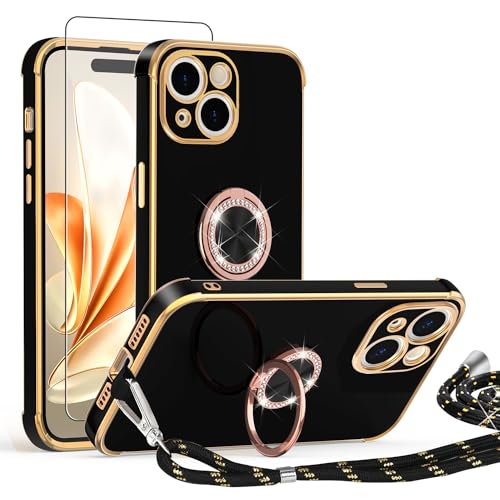 ScandiCasis Handykette Hülle für iPhone 15 mit Band und Schutzfolie, Stoßfeste, Love Design Galvanik Silikon Case Bumper mit Kordel und Ring Ständer für iPhone 15,Schwarz von ScandiCasis